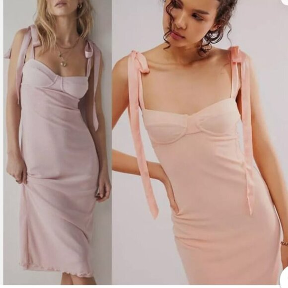 NWOT Free People Got Glam Mesh Tie Shoulder Slip Dress Fairycore Balletcore Pink - Picture 1 of 13